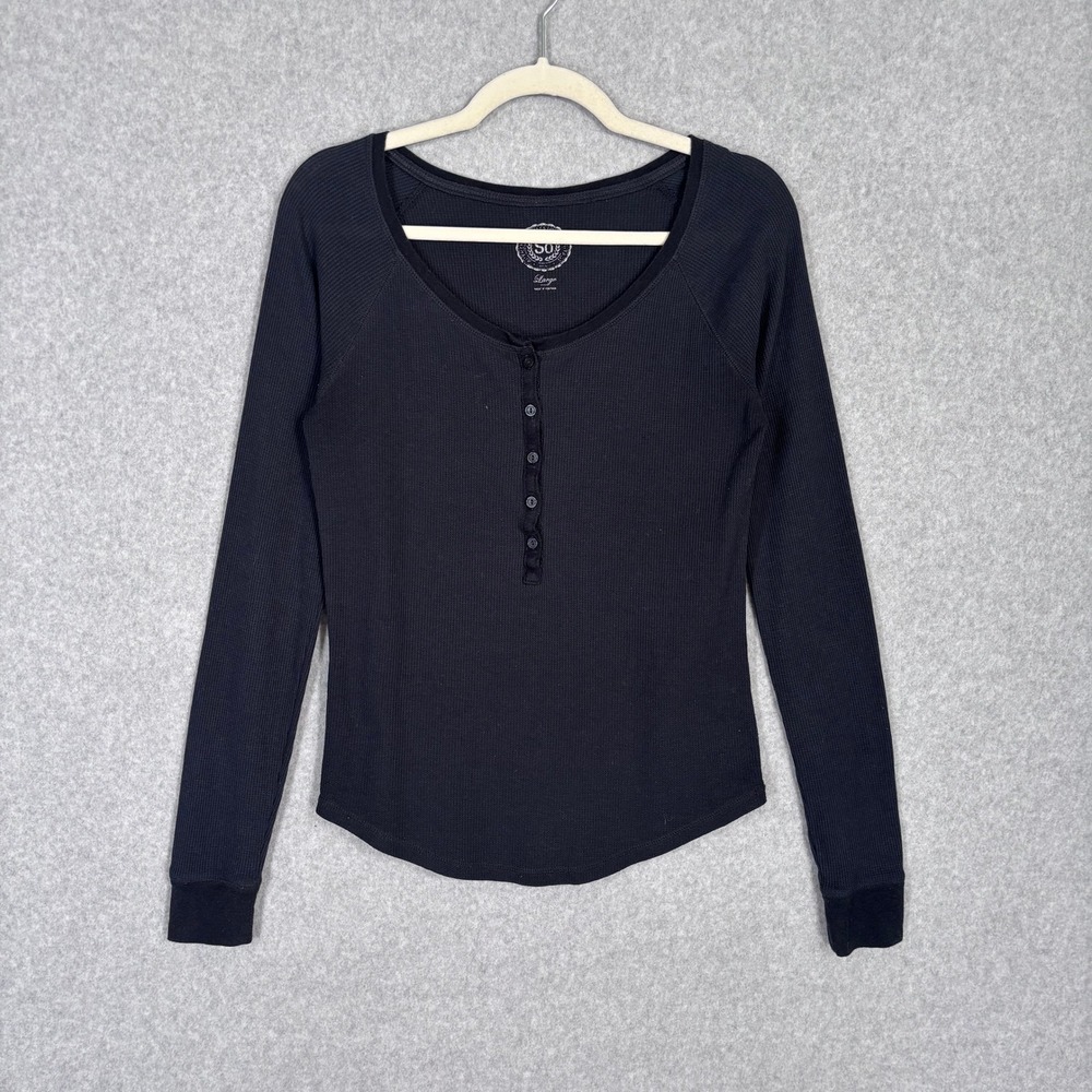 SO Waffle Knit Henley Top Shirt Large Black Thermal Y2K Bella Swan Layering GORP